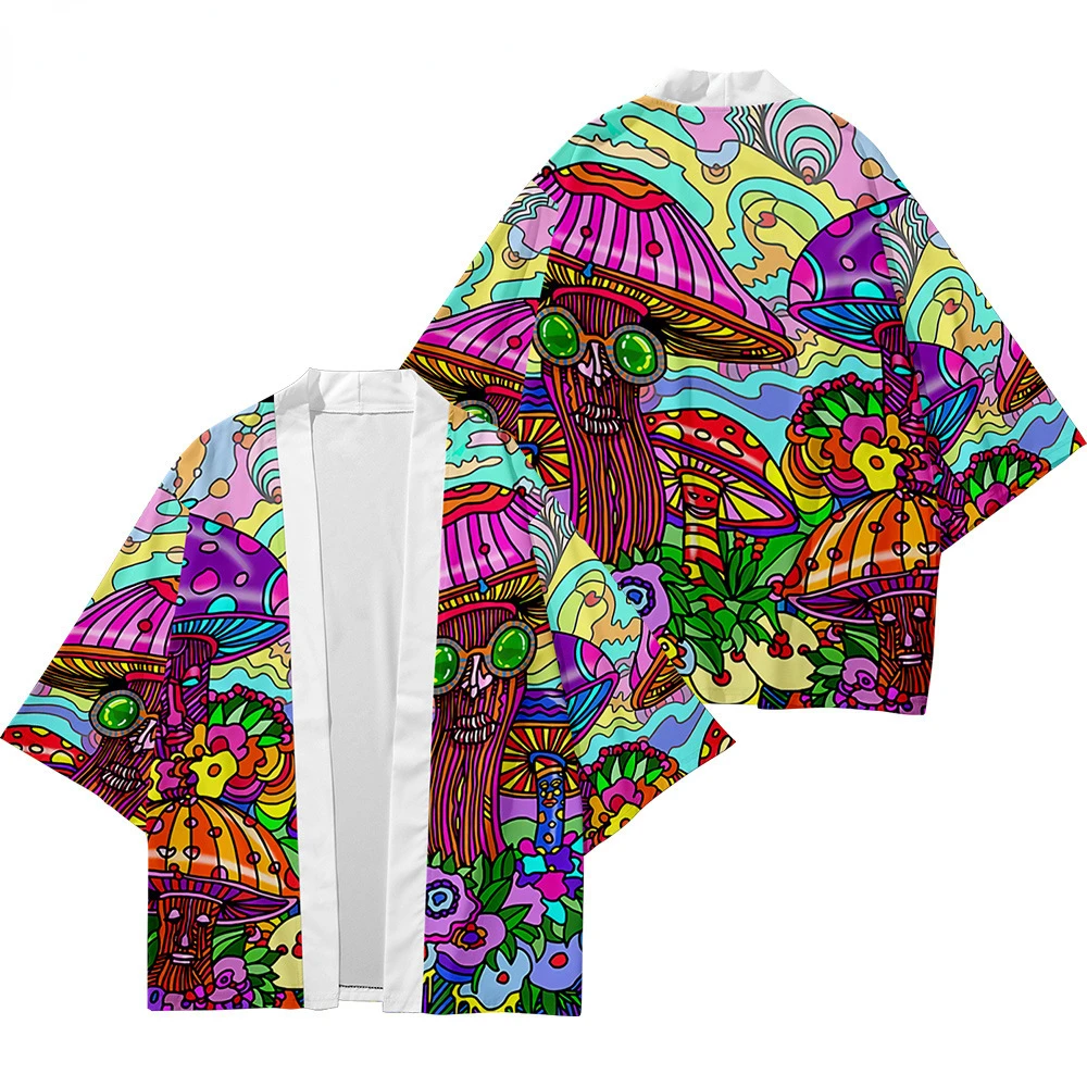 

Summer Mushroom Print Tops Kimono Men Women Fashion Streetwear Beach Shirt Loose Cardigan Bathrobes Yukata Chic Japanese Haori