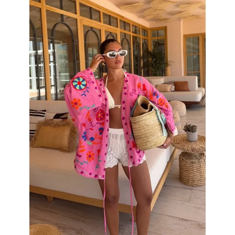 

Кардиган с шикарной вышивкой, розовое женское короткое пальто на шнуровке, повседневная куртка с длинными рукавами и v-образным вырезом, новая осенняя женская уличная верхняя одежда