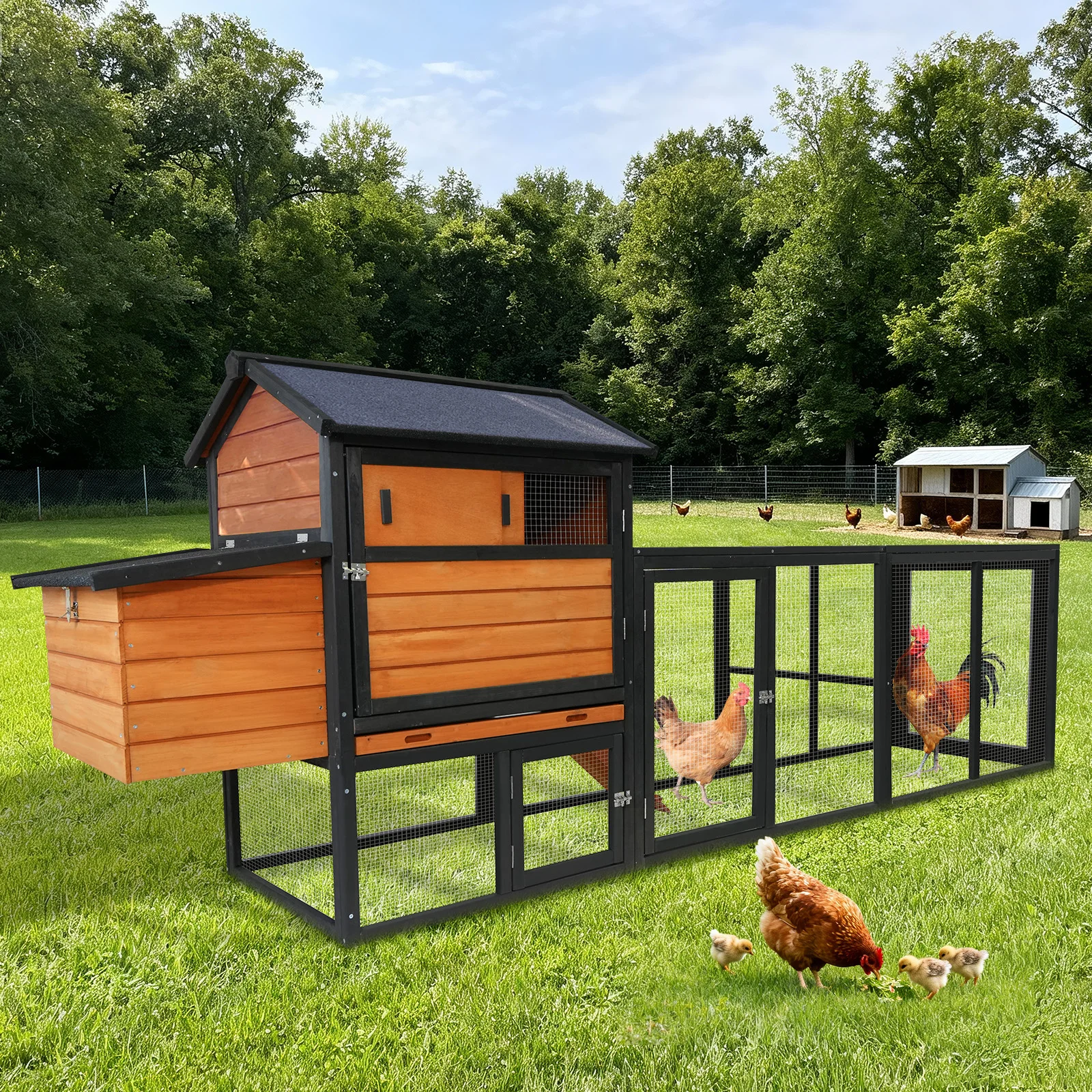 Large Wooden Chicken Coop Run Nesting Box Waterproof Anti-UV Predator-Safe Poultry Cage Removable Tray Outdoor Backyard Farm Use