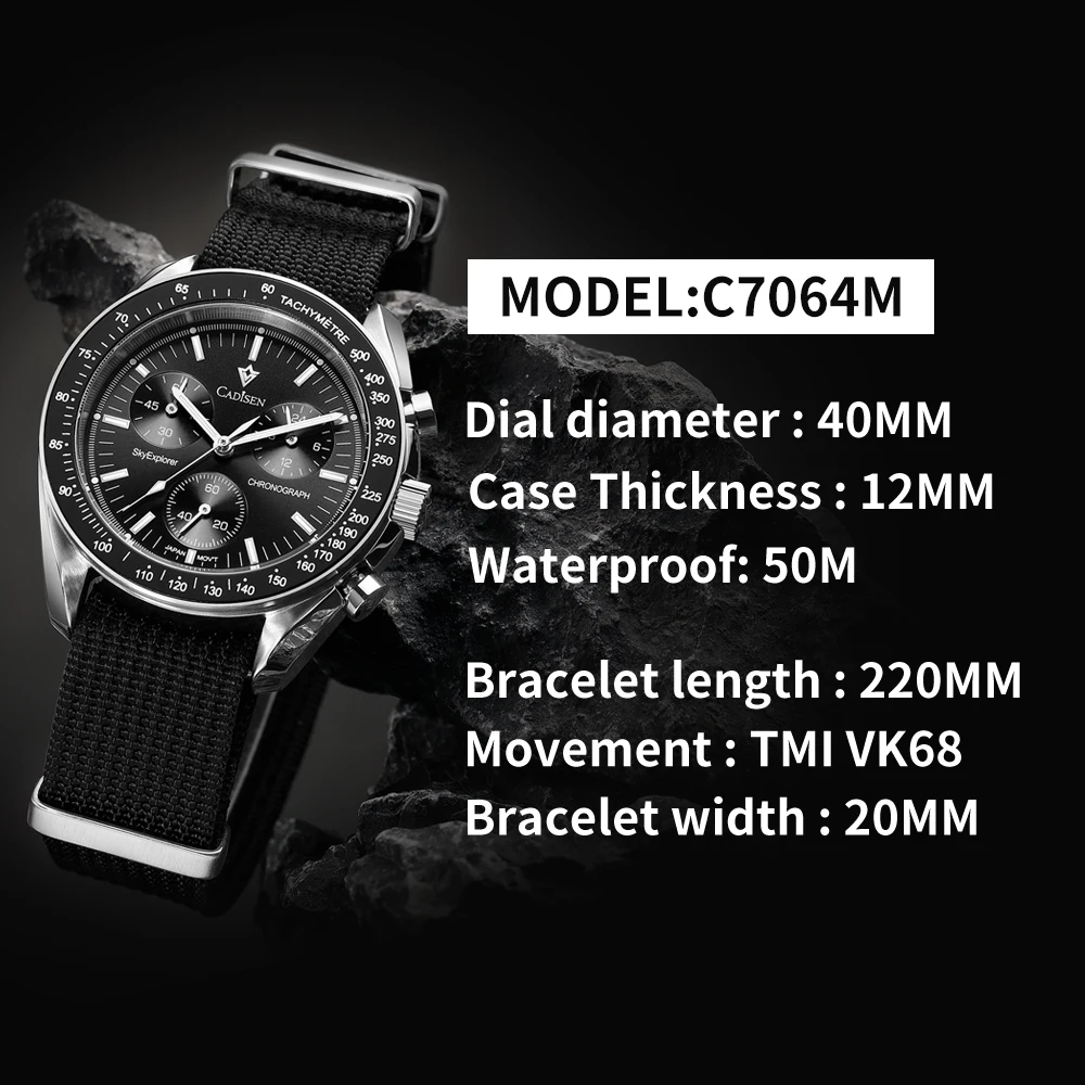 CADISEN New Men\'s Watches Luxury Quartz Wrist Watch For Men Sapphire AR Coated Crystal Canvas VK68 Speed Chronograph Automatic