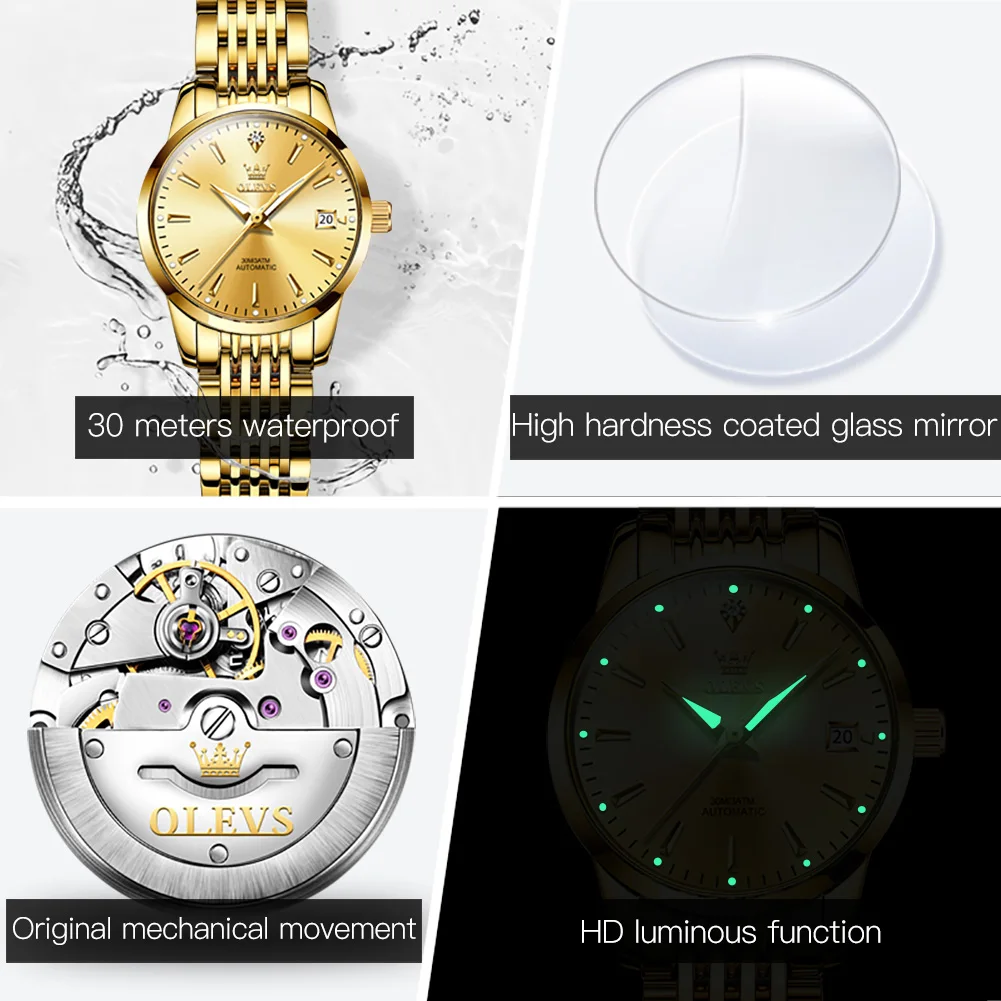 OLEVS Brand Luxury Mechanical Watches Women Fashion Gold Stainless Steel Ladies Automatic Watch Waterproof Watch for Women