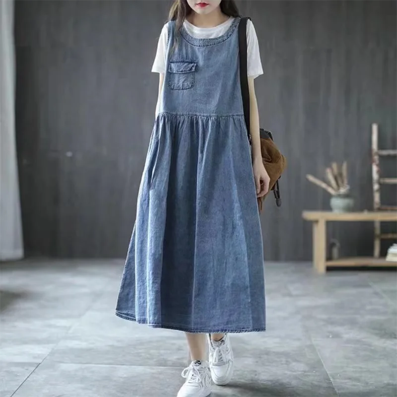 女性用ノースリーブジーンズストラップドレス,ロングドレス,ディープVネック,ルーズポケット,牛革,サマードレス,y2k,2024