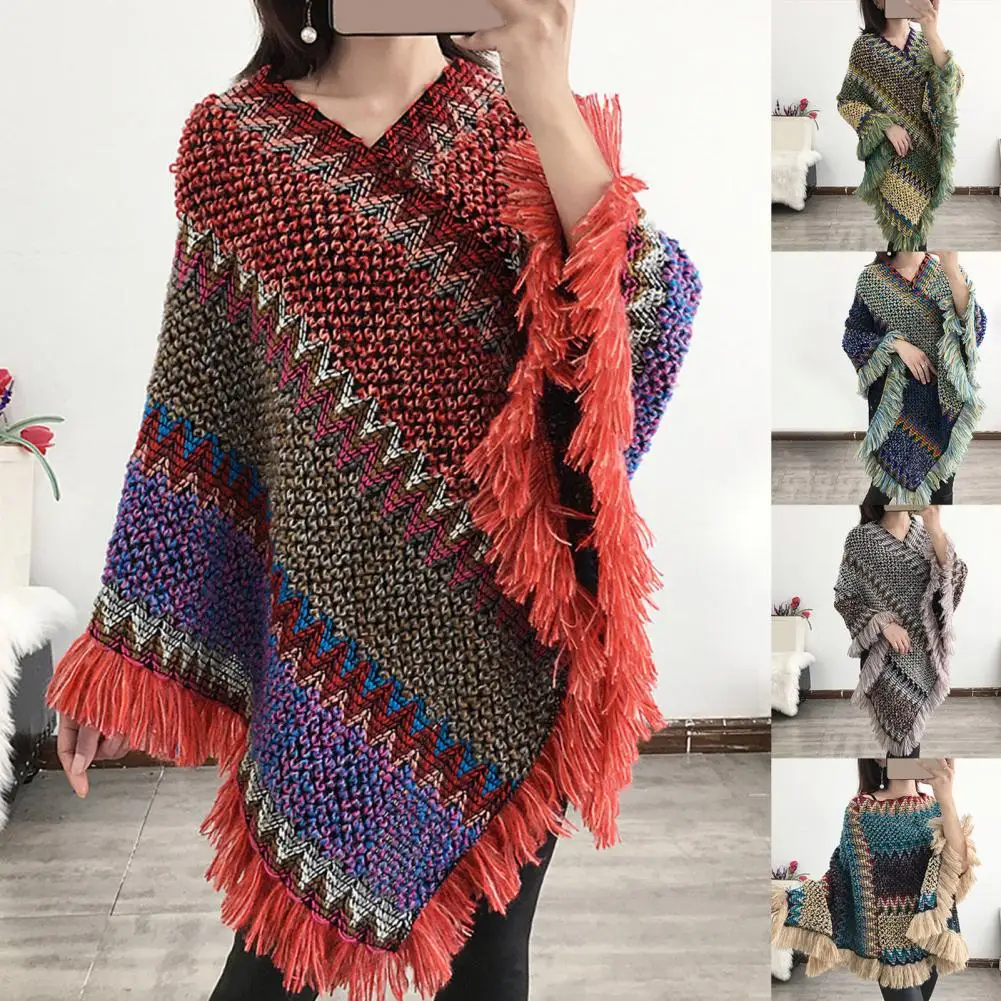 Bohemian  Autumn Knitted Coat Women Colorful V Neck Sweater Coat V Neck Lady Sweater Coat for Travel