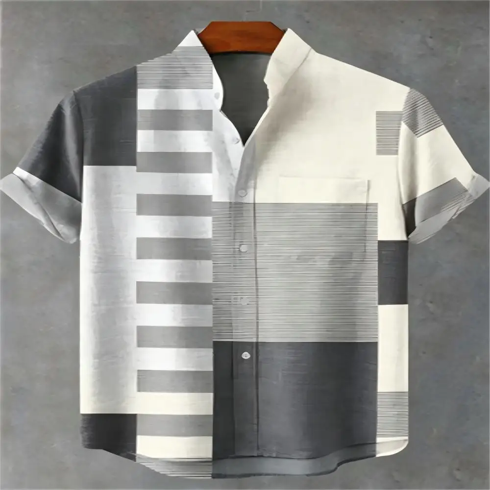 Men's Geometric Grid Splicing Pattern Printed Casual Linen Shirt