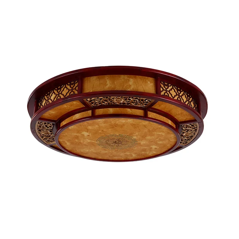 

Chinese imitation retro ceiling lamp, atmospheric round solid wood living room villa yellow sheepskin lamp