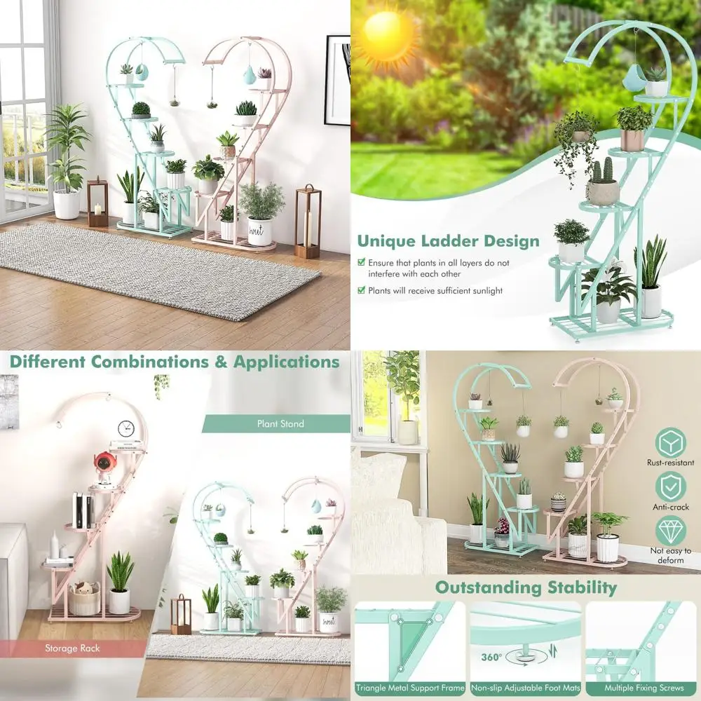 

6-Tier Metal Heart-Shaped Ladder Plant Stand with 12 Shelves and 6 Hooks, Indoor Multi-Purpose Hanging Storage Solution
