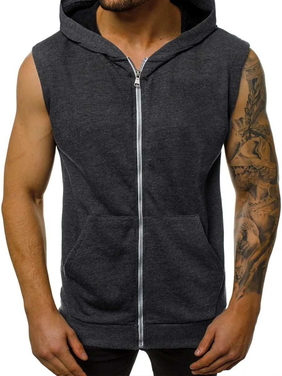 Wearing men\'s summer slim fashion fitness sports sleeveless vest, hooded cardigan jacket, trendy men