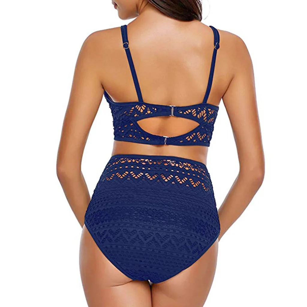 Vrouwen Badpak Hals Stukken Kant Set Hoge Waiste V Bikini Gehaakte Sexy Bkini Strand Badmode Zomer Biquinis Tankini