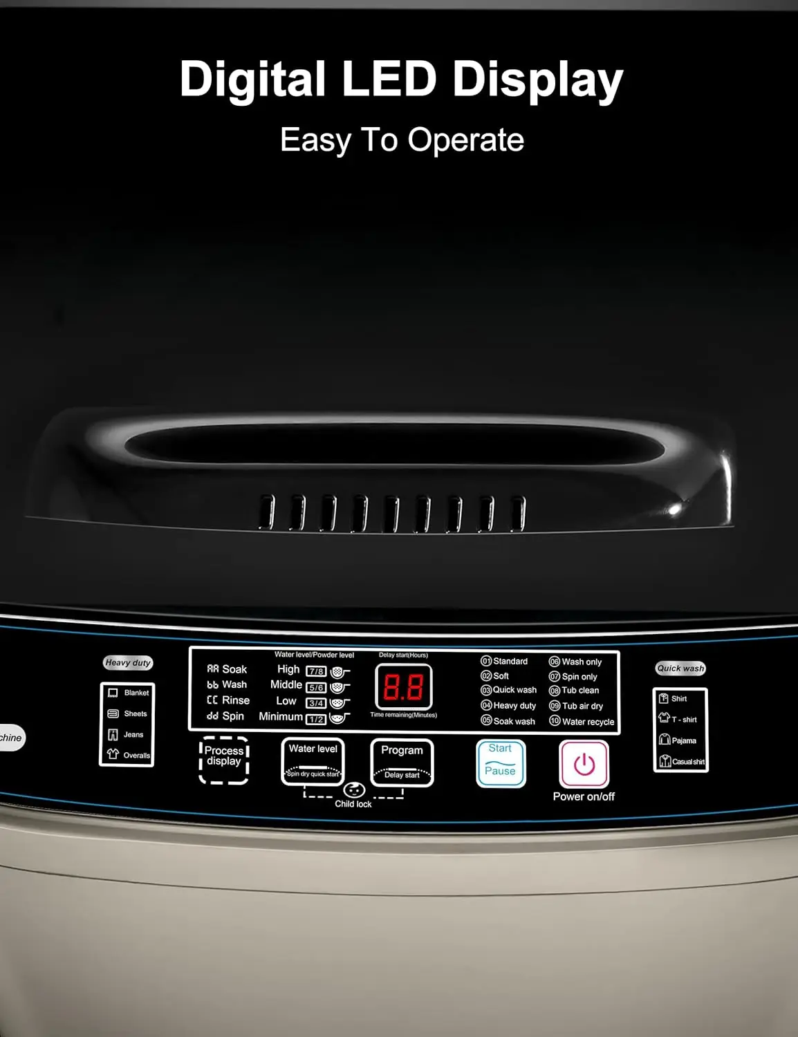 Save Energy Full Automatic Glod Washing Machine with LED Display 17.7 lbs Portable Washer Drain Pump 10 Programs&8 Water Levels