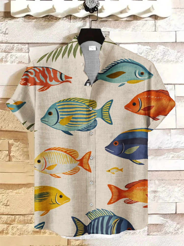 

Men's Vintage Fish Graphic Shirt Stylized Short Sleeve Button Down Stand Collar Tunic Casual Linen Blend Beach Chic Tops S-5XL