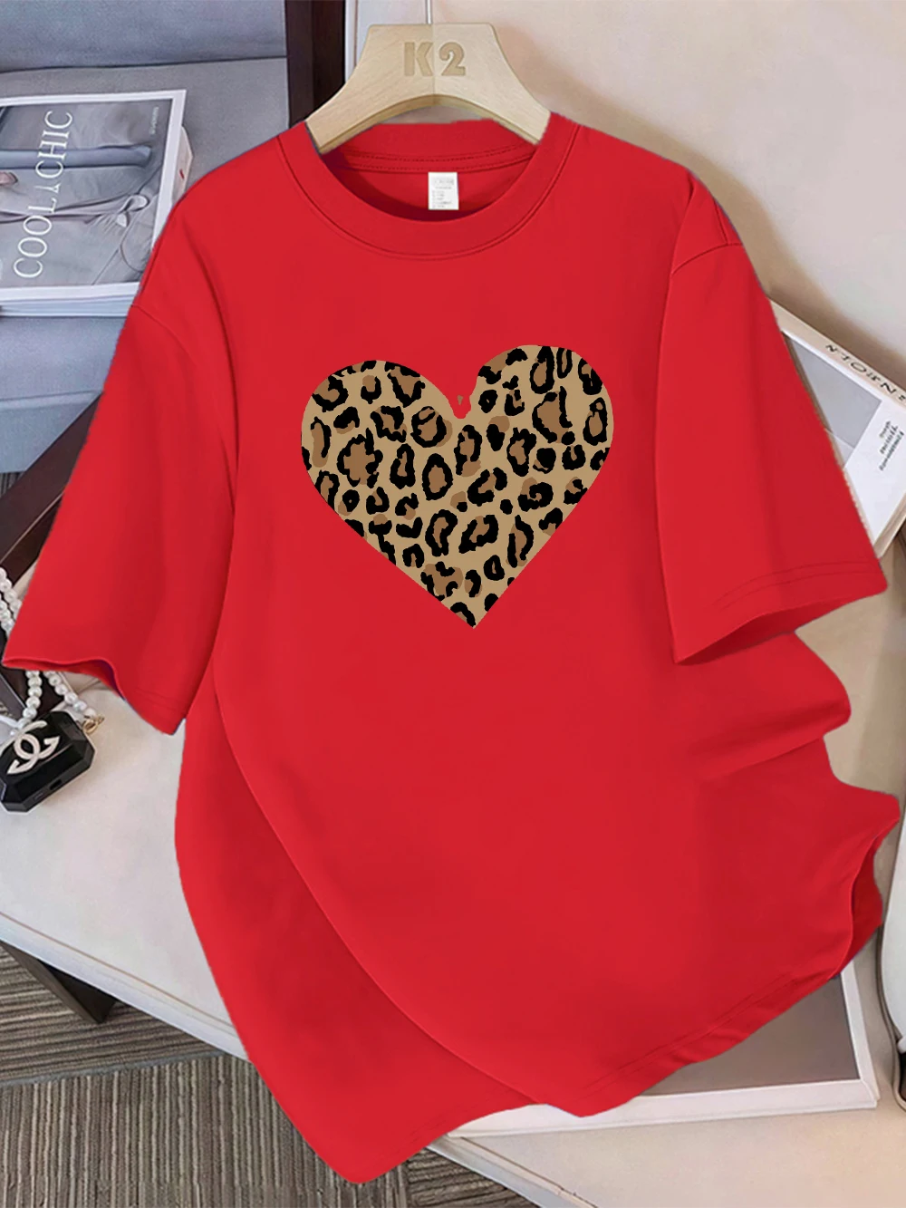 Zomer Katoenen T-shirts Vrouwen Eenvoudige Luipaardprint Hart Afdrukken T-shirt O-hals Comfortabele Losse Tops Straat Dameskleding