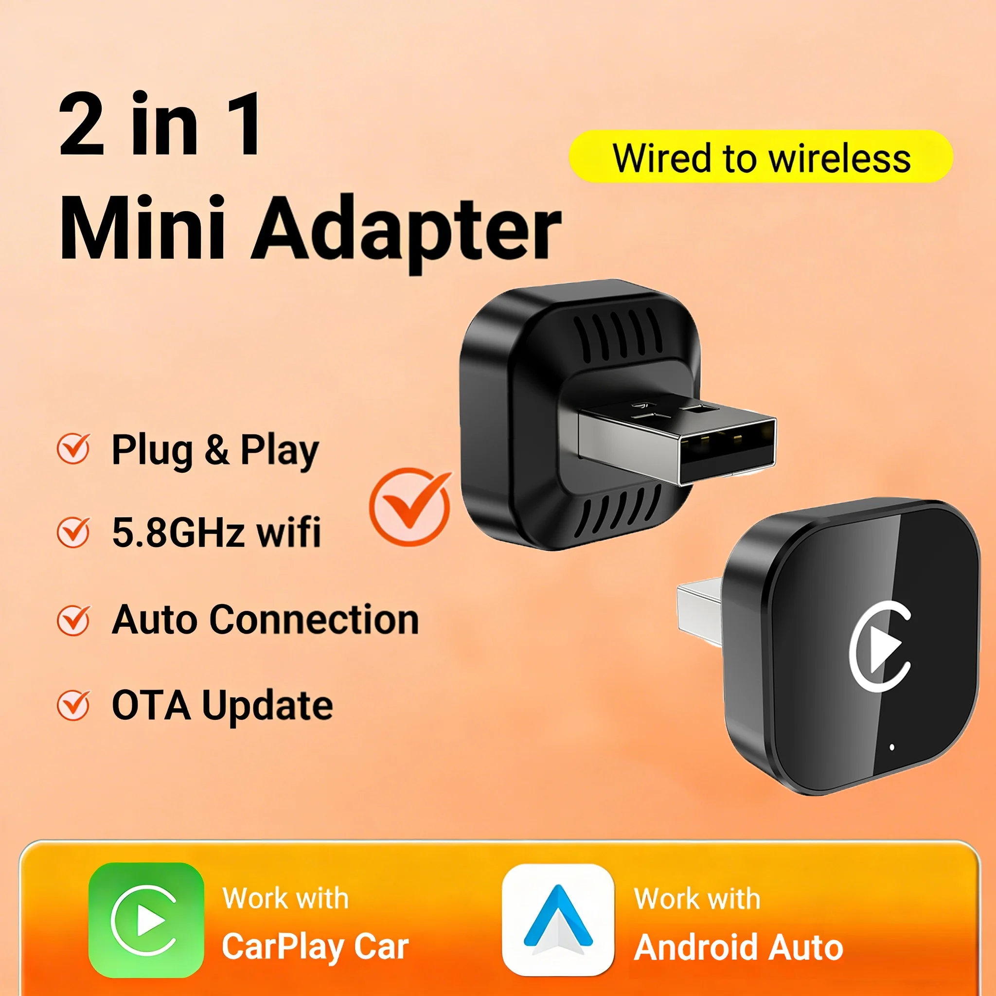 2IN1 Wireless CarPlay Android Auto USB Adapter Mini Dongle Smart Box Plug Play For VW Toyota Nissan Honda Ford Benz Mazda
