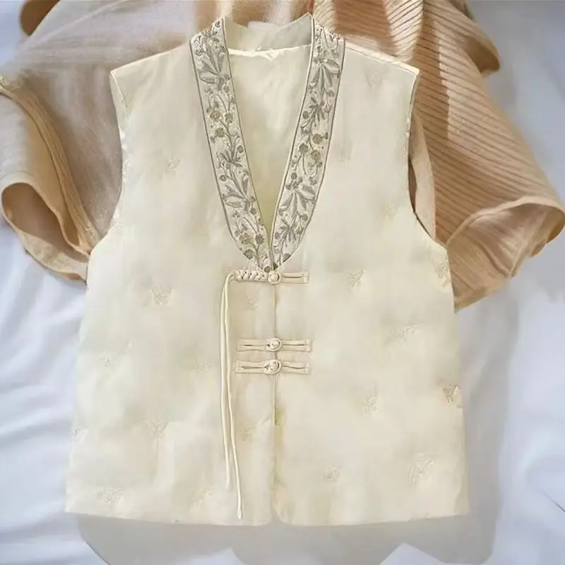 New Chinese Style Embroidery V Neck Solid Vests Button New Warm Thicked Coats All-match Loose Slim Exquisite