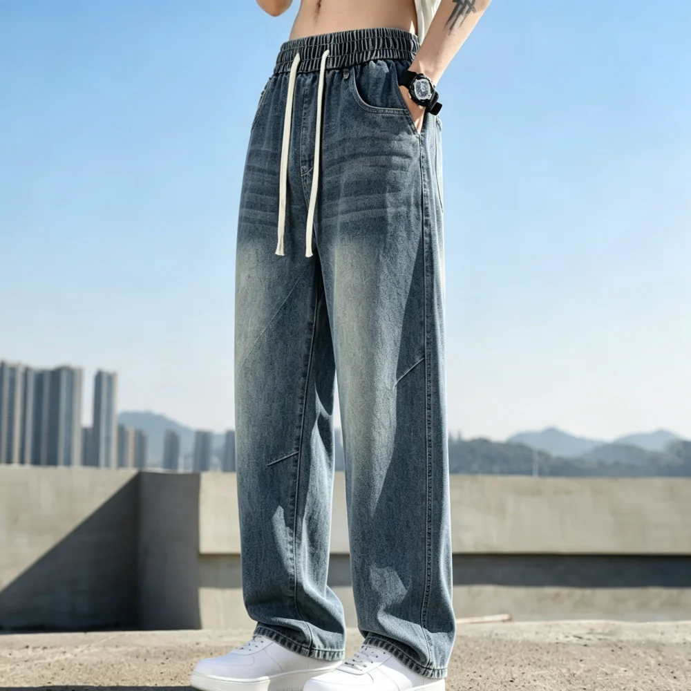 QICHE 2026 Men Vintage Washed Wide Leg Jeans Elastic Drawstring Waist Loose Straight Denim Trousers Streetwear