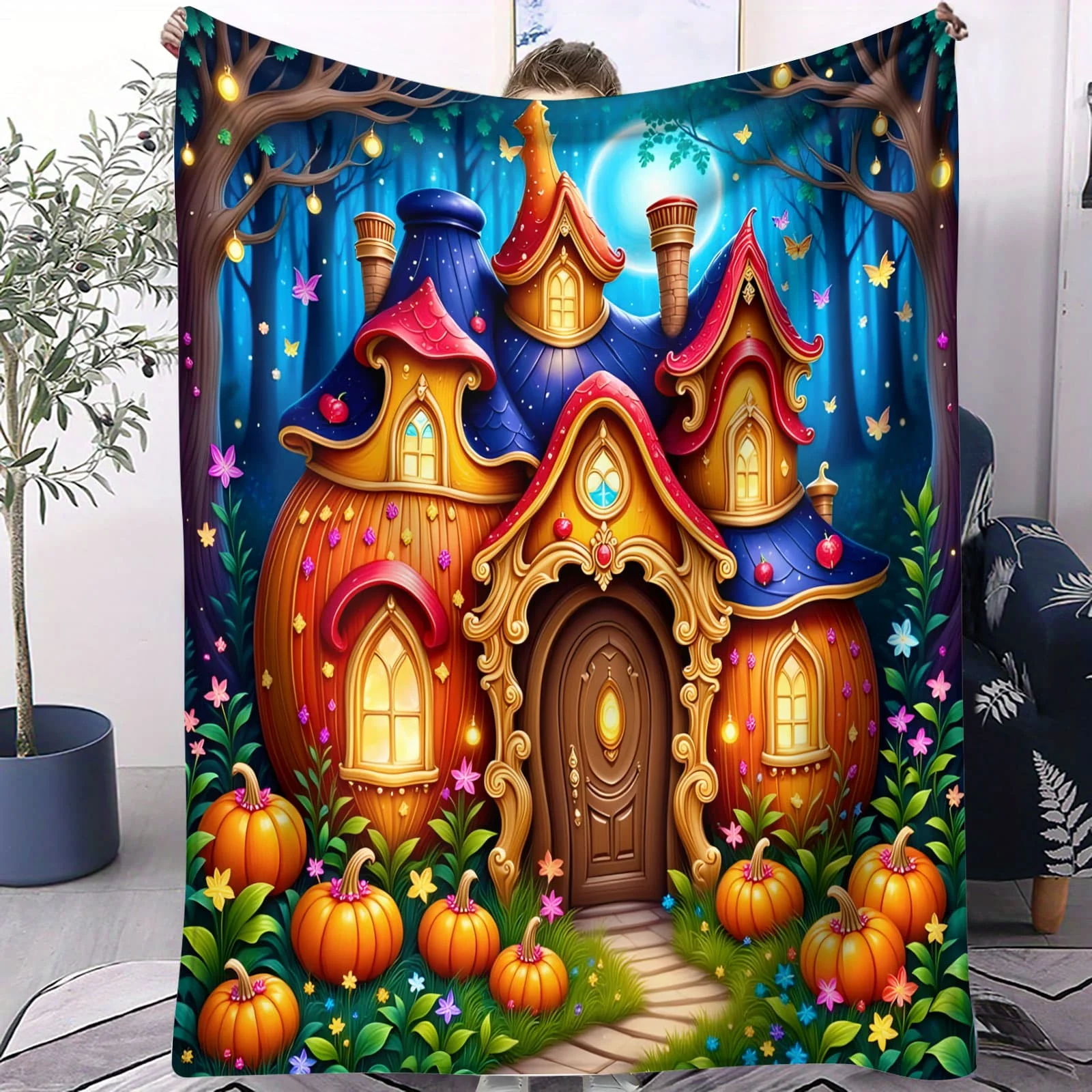 Manta polar con diseño de castillo de caramelo y casa mágica helada, color azul y morado, suave, con temática caprichosa, para decoración de sala de estar