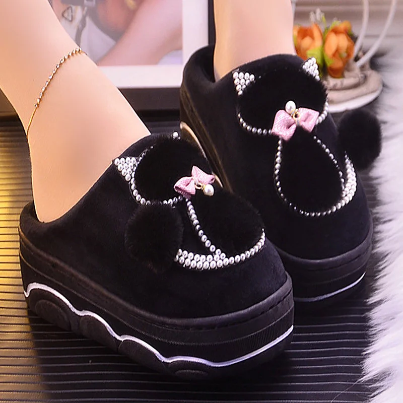 Girls Winter cotton slippers plush indoor rhinestone ladies shoes 2024 stylish new arrival women platform slippers