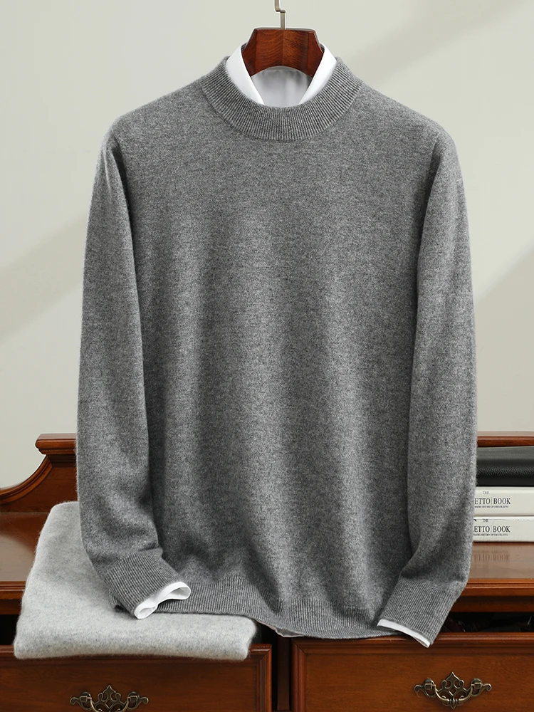 Men's Cashmere Sweaters Mock-Neck Pullovers Autumn Winter Long Sleeve Loose Jumper 100% Goat Cashmere Knitwear Men's Clothing