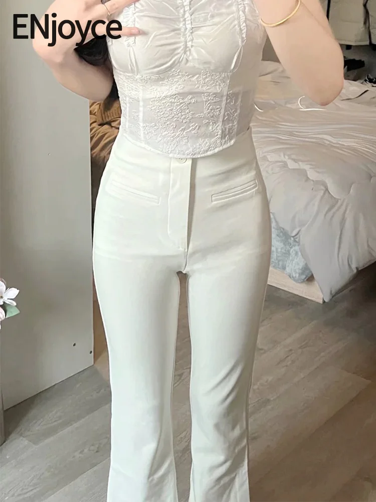 

ENjoyce Women White Bell-Bottomed Pants Korean Fashion Slim High Waist Flared Pants Elastic Straight Leg Trousers Spring Fall