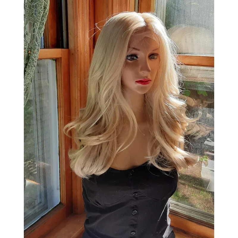 Light Blonde Wave human Hair Blend Lace Front Wig Long Glueless Wigs Remy