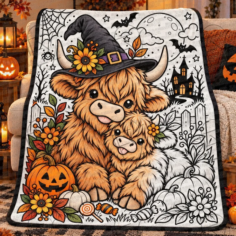 Blanket Flannel Soft Winter Snow Fence Christmas Cow Pine Tree Border Half Painted Decorative Travel Quilt