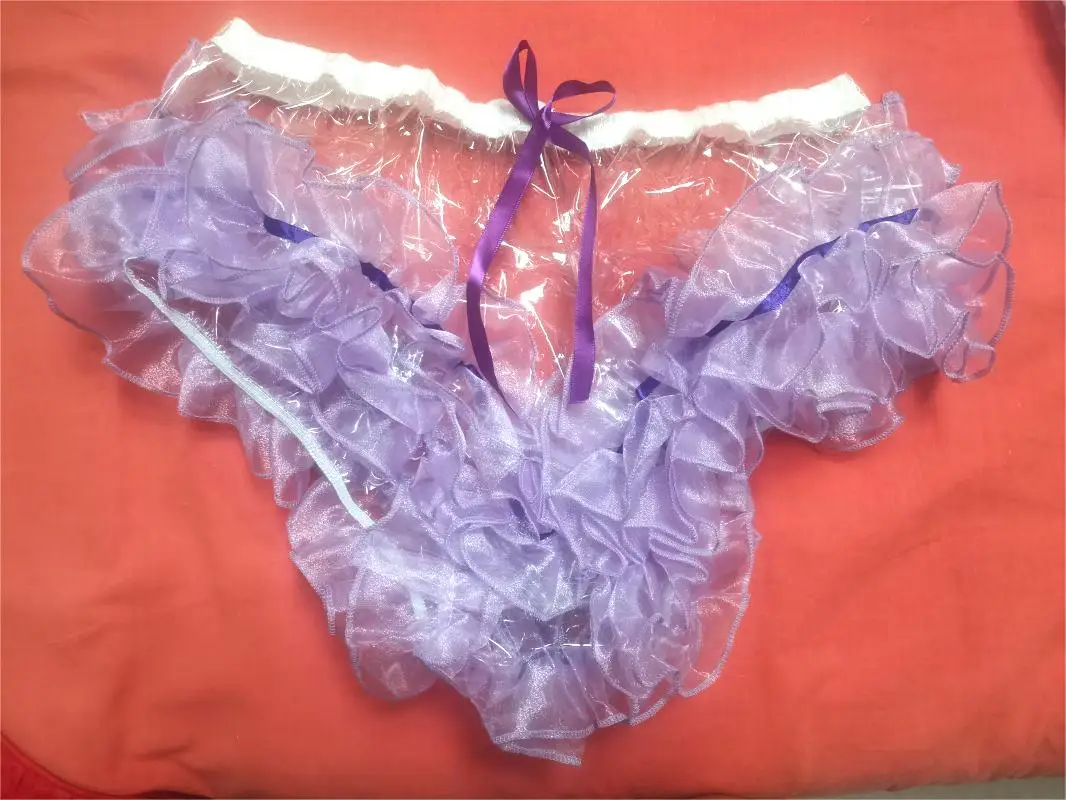 French Sexy Adult Customized fetishist Crossdressing Sissy White Transparent PVC Splice Purple Yarn Elastic Waist Bow Decoration