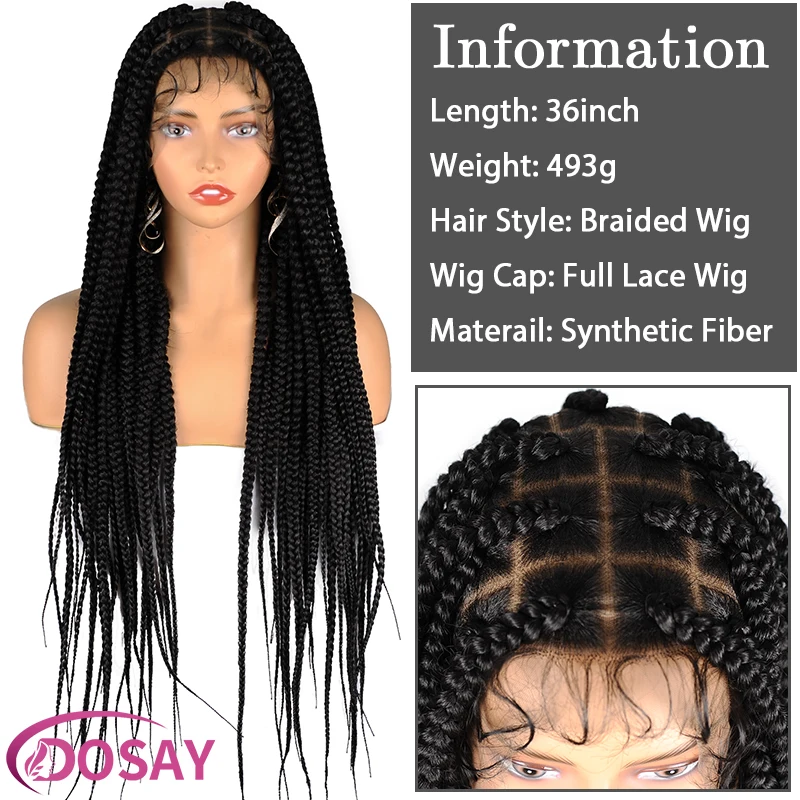 Black Synthetic Full Lace Square Braided Wig Heat Resistant Goddess Lace Frontal Braids Wig for Afro Women 36inch Box Braid Wigs