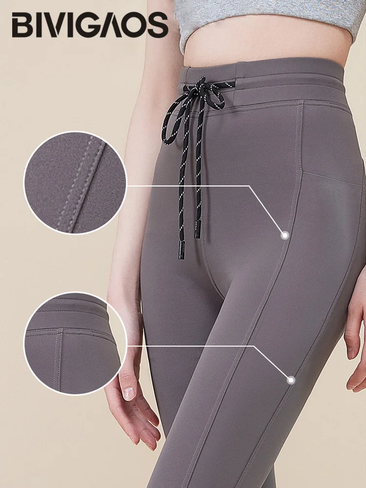 BIVIGAOS 2023 Spring Outdoor Sport Drawstring Sharkskin Leggings Women Tight-Fitting Slim High Waist Fitness Running Shark Pants