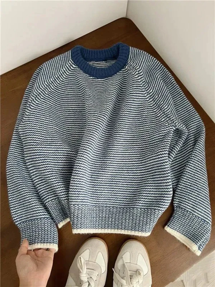 Blue Striped Sweater for Women Y2K Autumn Winter Loose Lazy Style Patchwork Pullover Female Korean O Neck All Match Jumpers New