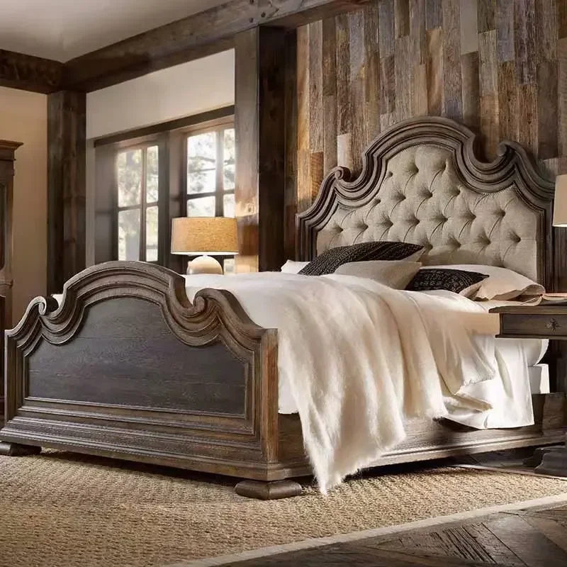 French high-end bedroom solid wood retro distressed double bed American export foreign trade log master bedroom large bed