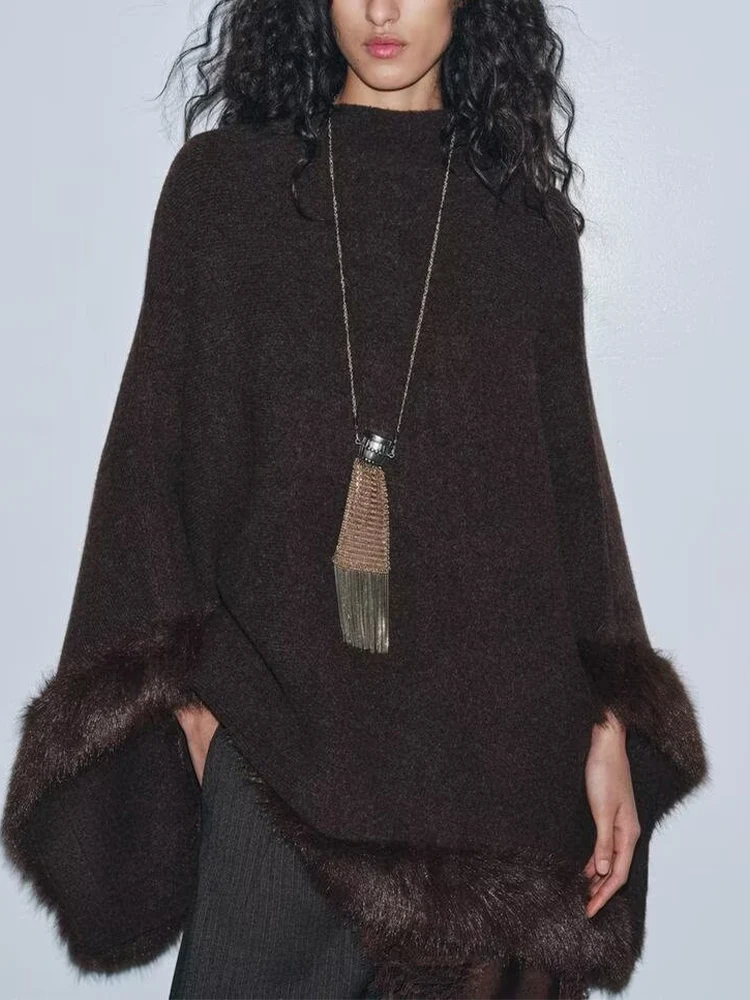 

European and American style 2025 winter new arrivals women's fashion faux fur effect knitted layered decorative cape