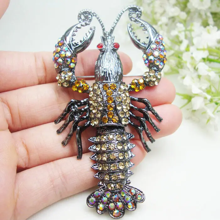 

Vintage Style Brown Lobster Woman Brooch Pin Rhinestone Crystal Gift