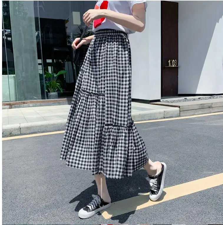 

Summer Plaid Pleated Skirts Jurken Elastic High Waist Midi Long A-line Skirt Women's Harajuku Preppy Style Vintage Skirt Skater