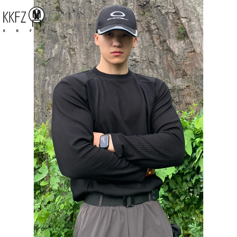 Mens Loose Fit Round Neck Ribbed Long Sleeve Top Raglan Cut Minimalist Design For Office Commute Casual Daily Wearing