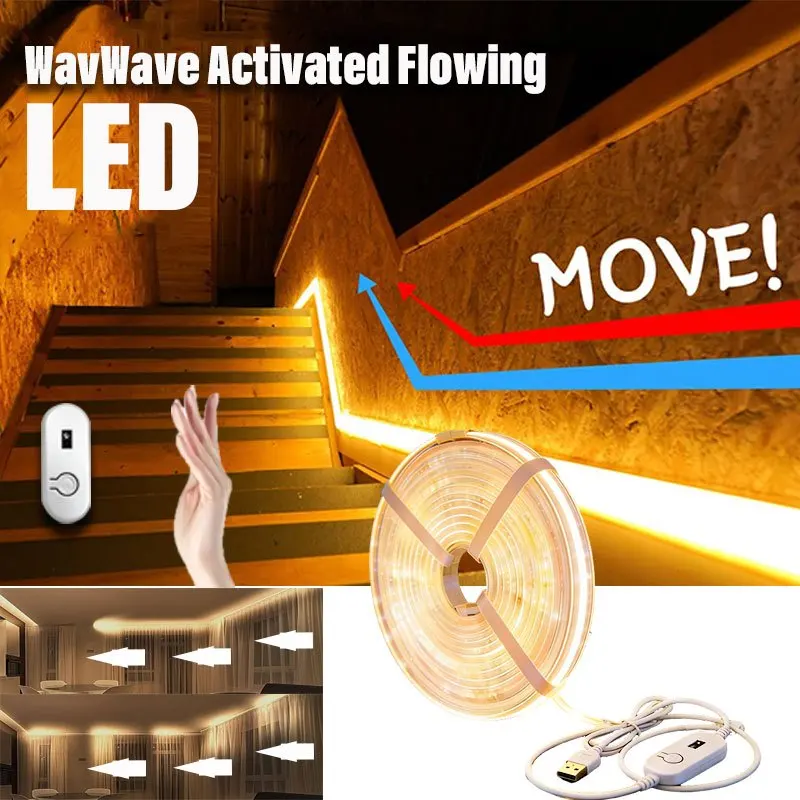 Motion Sensor LED Strip Light – Touchless Hand Sweep & Sequential Flowing Light Up, USB Warm White Neon Tape