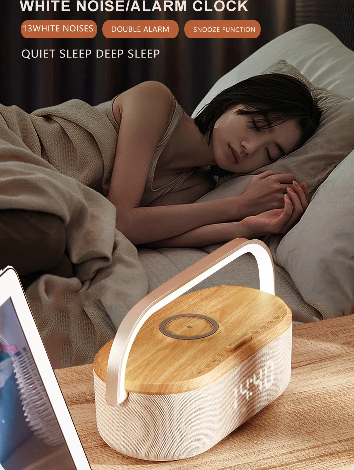 Pengisi Daya Nirkabel 5 In 1 Multifungsi Baru BT Speaker Niose Putih Lampu Meja Musik dengan Alarm Lampu Malam Samping Tempat Tidur