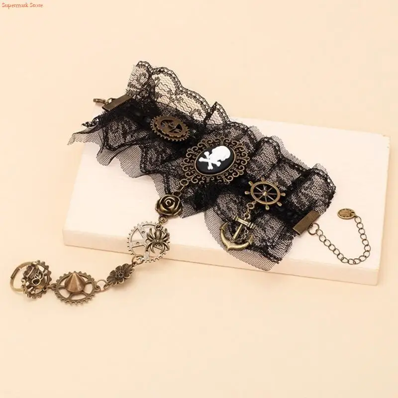 Q5WE Gothic Lace Wristband Gloves Y2K Steampunk Gloves Cosplay Party Costume Gloves Pirate Bracelet Women Accessories