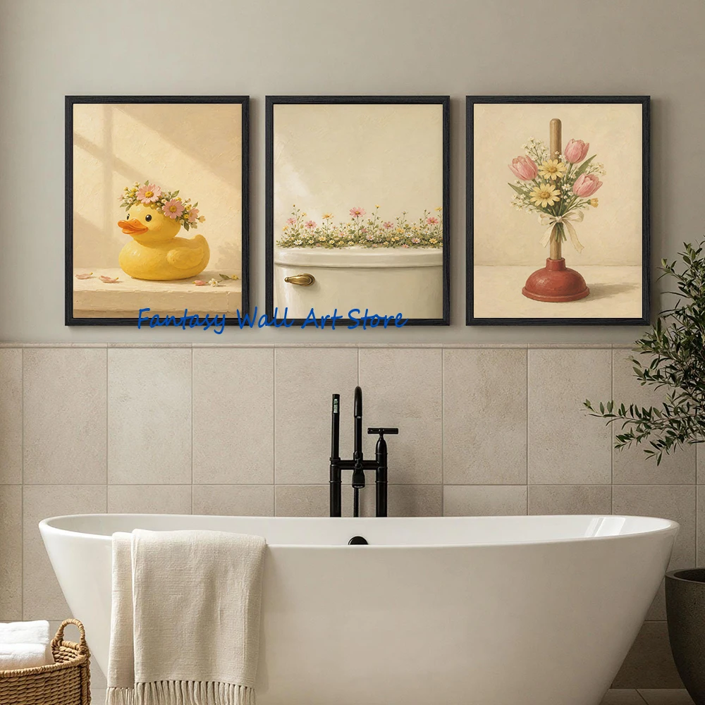 Funny Bathroom Wildflowers Pink Razor Floral Bathtub Plunger Wildflower Toilet Poster Canvas Painting Wall Pictures Home Decor