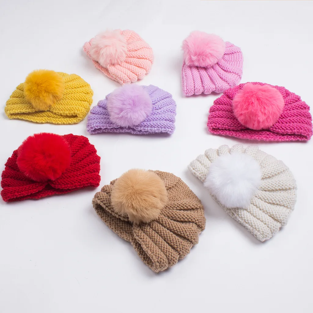 New Winter Knitted Baby Hat Pompom Ball Beanies for Boys Girls Autumn Crochet Warm Outdoor Solid Color Baby Cap