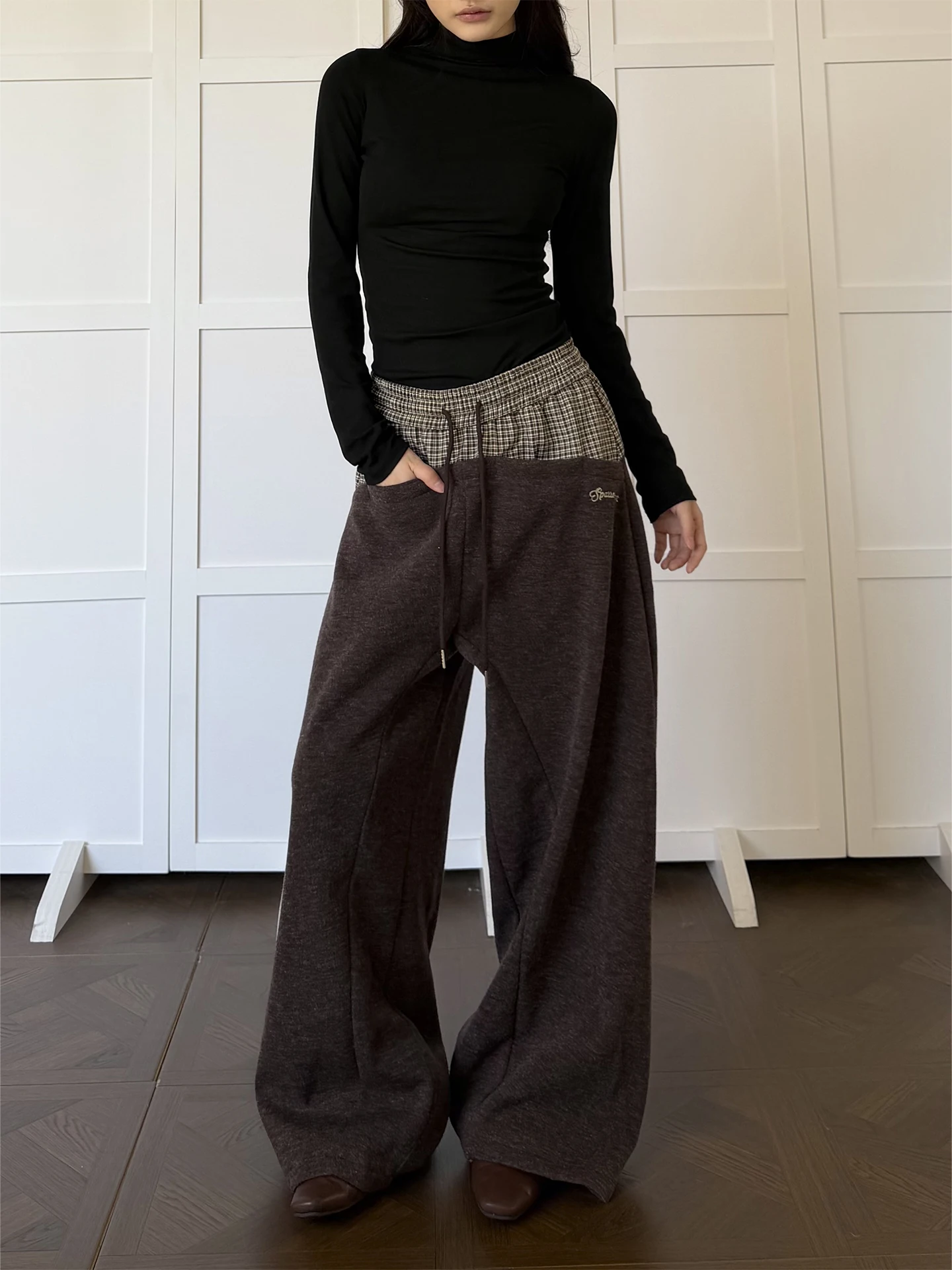 

Женские повседневные брюки Don Cry в американском ретро-стиле с широкими штанинами, клетчатым пэчворк-дизайном и эластичным поясом на шнурке