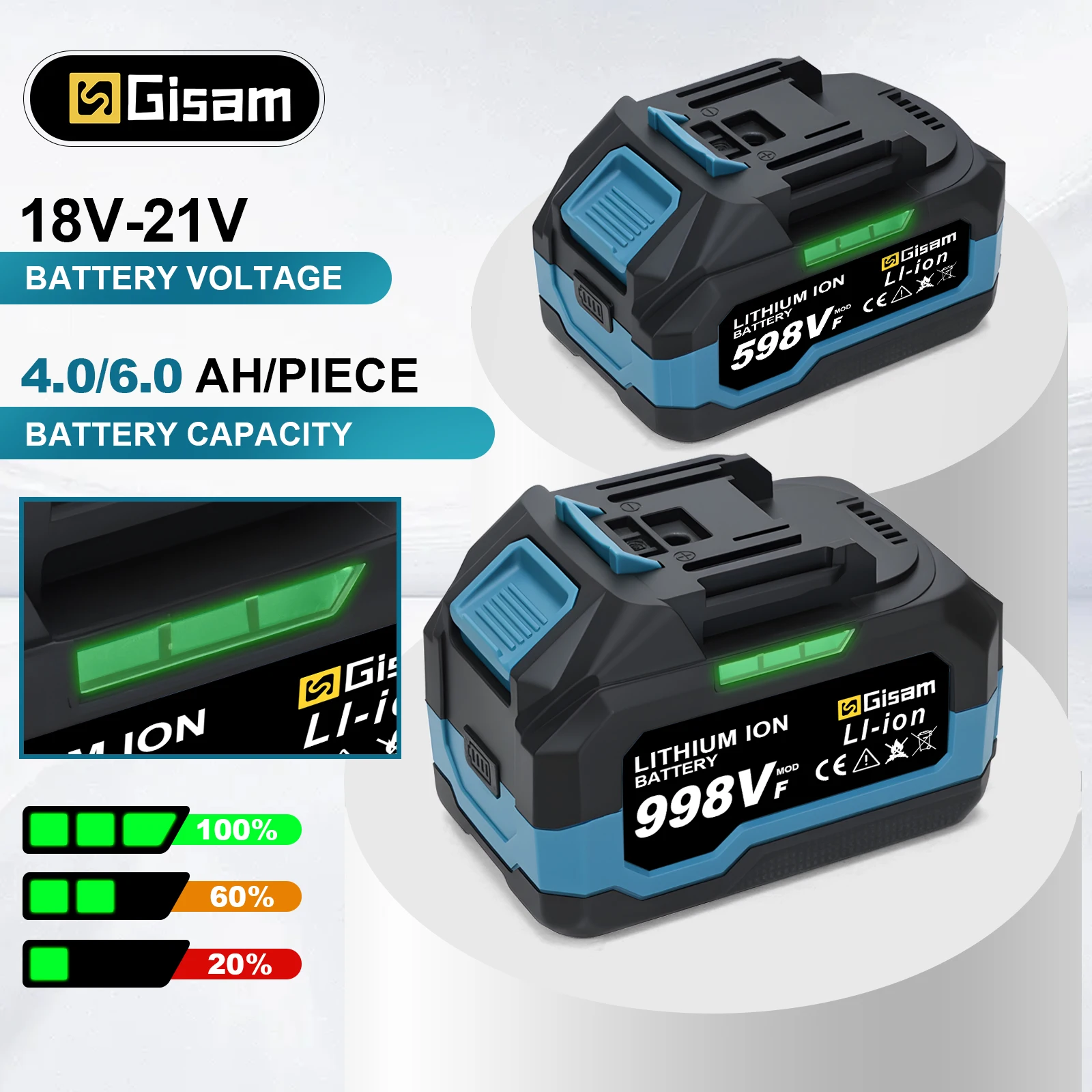 

Gisam Rechargeable Battery 4.0AH 6.0AH Power Tool Lithium battery Led indicator batteries Pack For Makita 18v Battery Pins