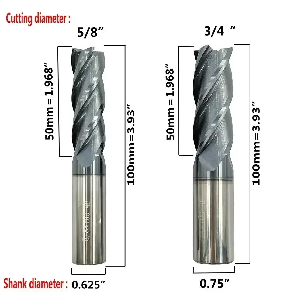 Carbide Square End Mill Set 5pcs HRC 45 Deg Single End 4 Flute AlTiN Coating Mill Bits