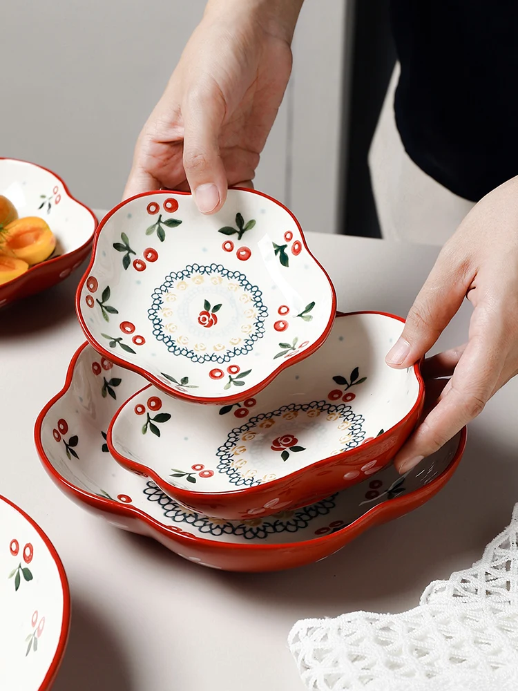 Japanese Style Creative Cherry Pattern Dessert Plate Popular Home Breakfast Snack Plate Ceramic Dishware Floral Design