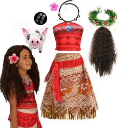 2PCS Printed Mona Dress Kids Cosplay Girls Princess Viana Dress Children Birthday Party Costume with Necklace Pet Pig Chick Sets