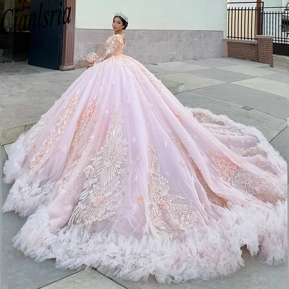 

Pink Long Sleeve Tulle Pleat Quinceanera Dresses Ball Gown Appliques Lace Corset Sweet 15 Años Mexican Customized