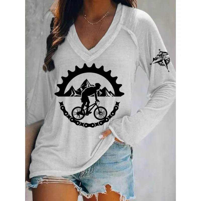 ilstile Women's Cycling Print T-Shirts Autumn Summer Long Sleeve Casual Loose V Neck Tops Tees New Arrival
