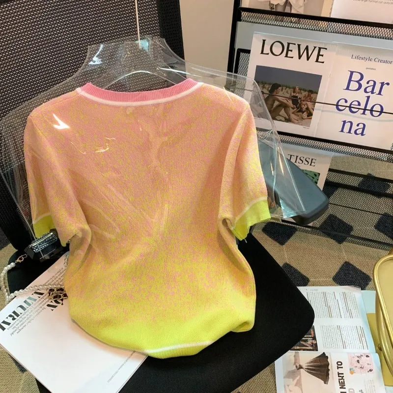 Donna estate versione coreana nicchia colorato cambiamento graduale girocollo allentato a maniche corte t-shirt maglione lavorato a maglia di seta