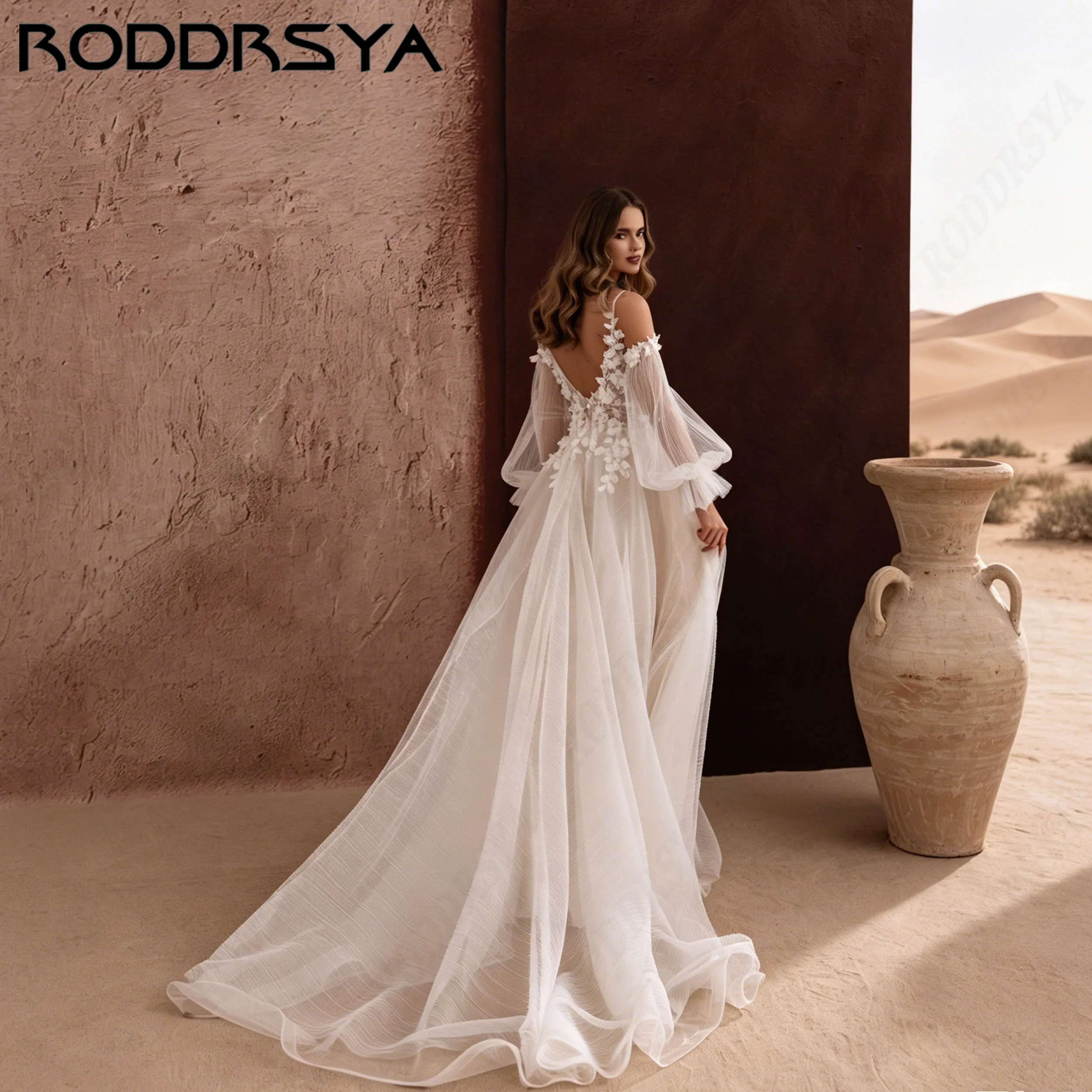 RODDRSYA 3D Flower Applique A-Line Wedding Dress Bridal Cold Shoulder Puff Sleeve Tulle Gown Exquisite Brautkleid Personalized