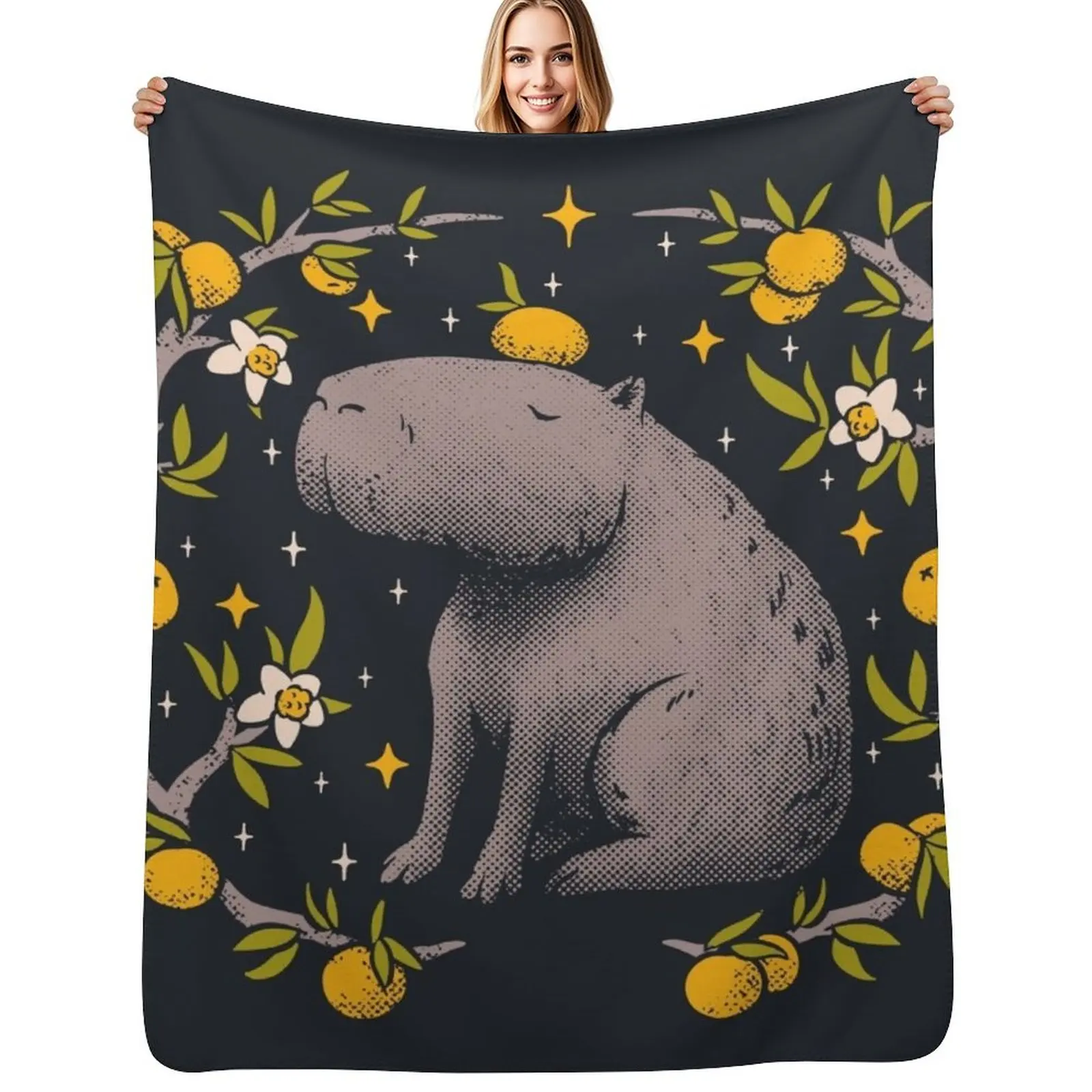Capybara Cottagecore Aesthetic Chilling With Orange on Head | Goblincore Capy Yuzu Citrus Fruit Blossom Flowers Me Throw Blanket