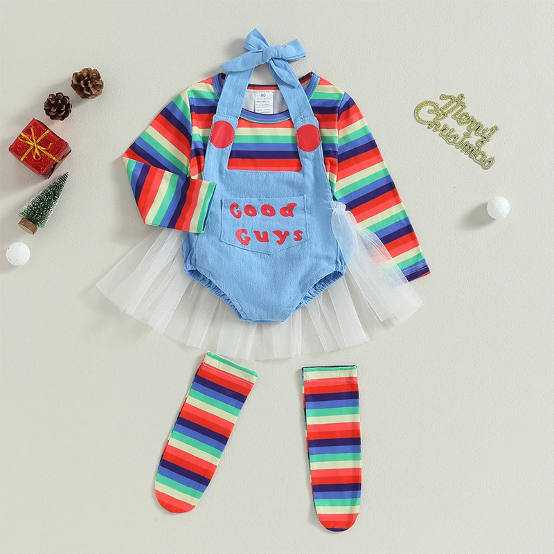 Toddler Baby Girls Halloween Costume Set Striped Shirt Blue Romper Socks Little Kid Chucky Costume Horror Cosplay