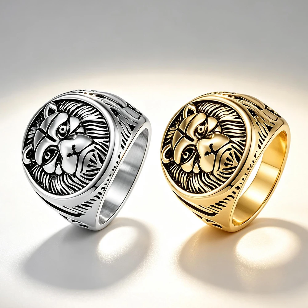 Hypoallergenic Stainless Steel Mens Lion Signet Ring Waterproof Antique Carved Lion Head Band Strength Jewelry Gift for Men